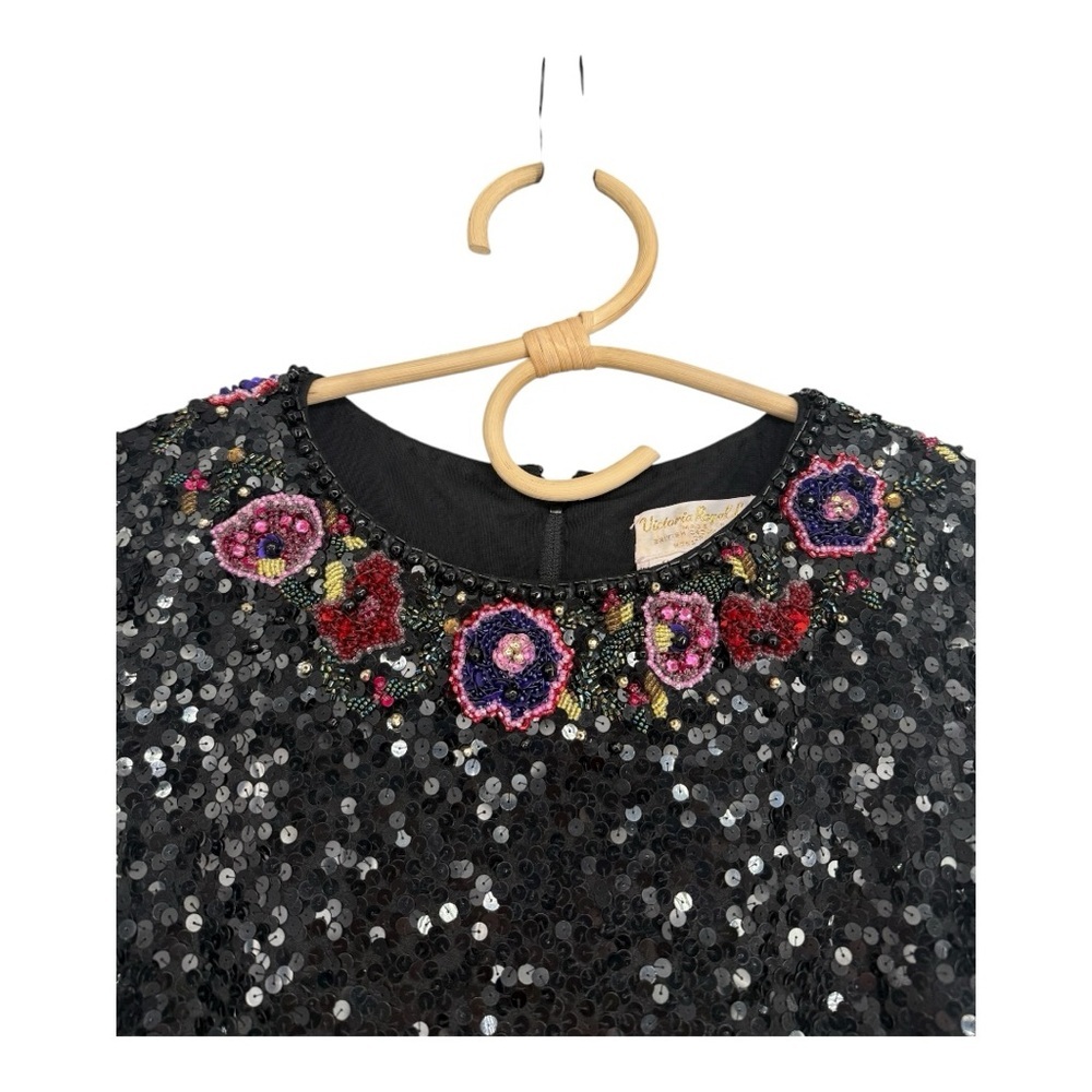 Victoria Royal Ltd Beaded Sequin Silk Gown Black Floral Maxi Dress 6/8 Vintage - Picture 6 of 16